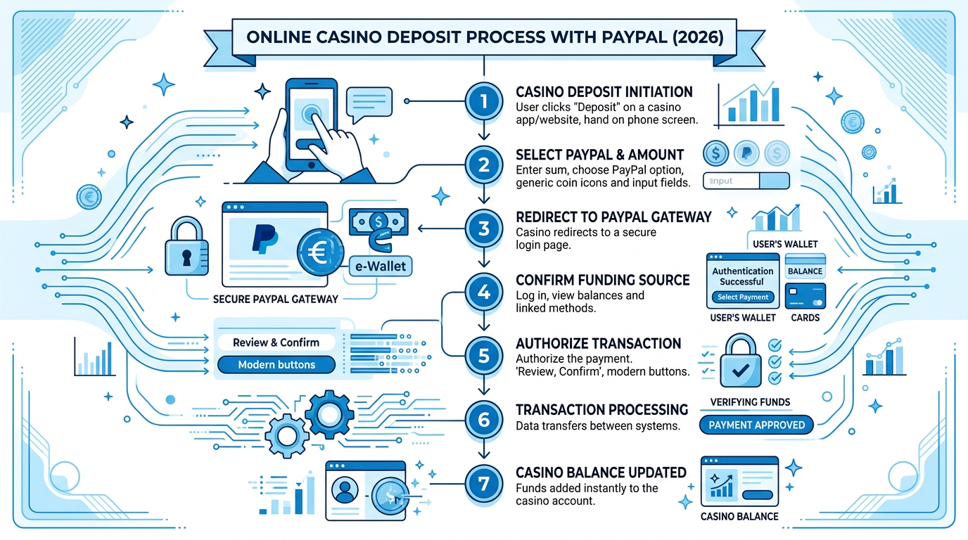 Infografika przedstawiająca bezpieczny proces wpłaty depozytu do kasyna online przez PayPal