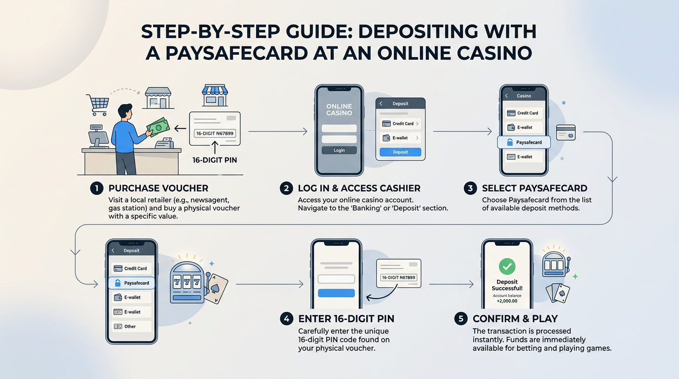 Infografika przedstawiająca proces wpłaty do kasyna online za pomocą Paysafecard