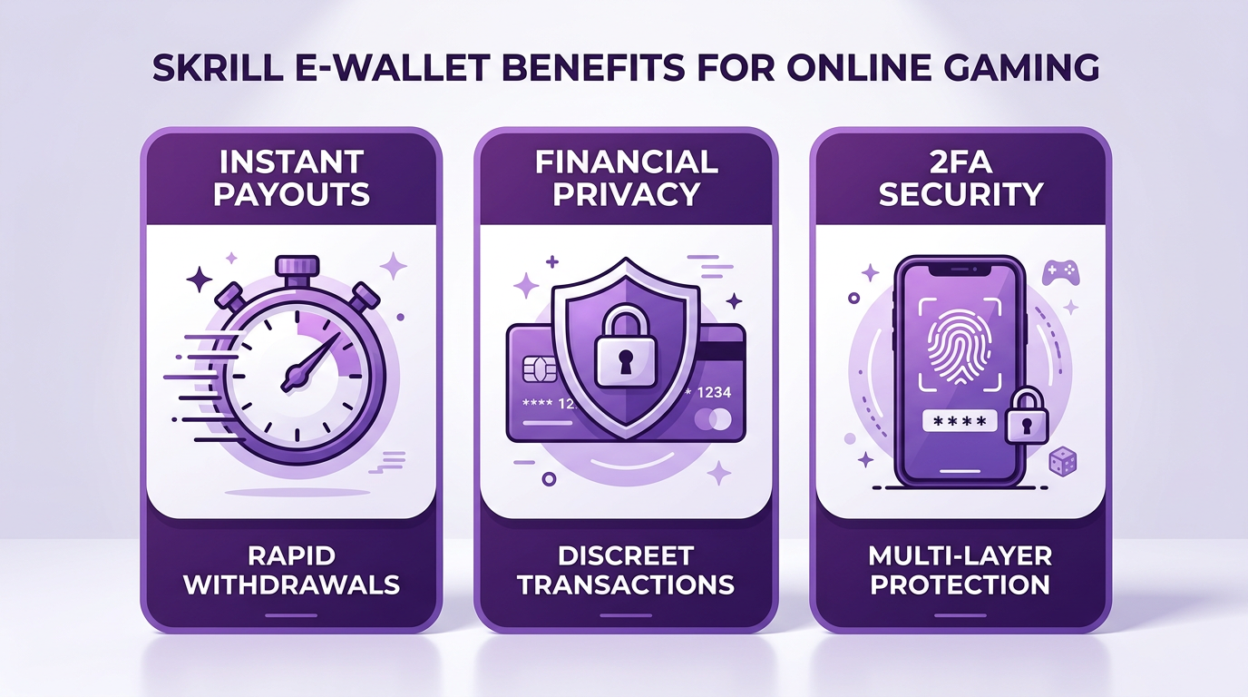 Infografika przedstawiająca zalety portfela Skrill w kasynach online: szybkość, prywatność i bezpieczeństwo